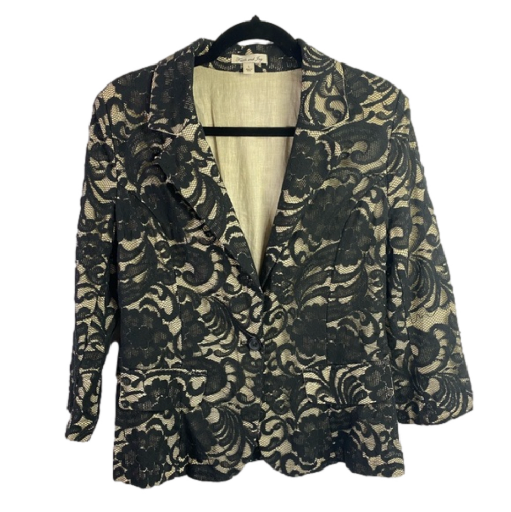 Faith & Joy Black & Cream Lace Lightweight Blazer EUC Size L SKU0450
